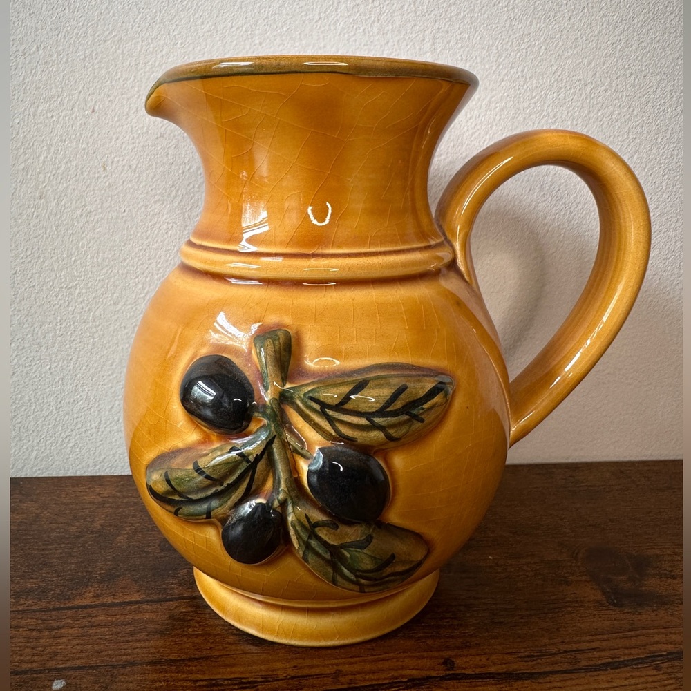 Vintage Vallauris France Ceramic Olive Pitcher - Handmade Pottery - Honey Gold